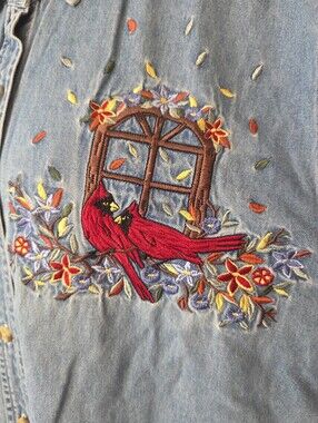 Vintage Bobbie Brooks XL Embroidered Cardinal Denim Shirt Cottagecore 90s
